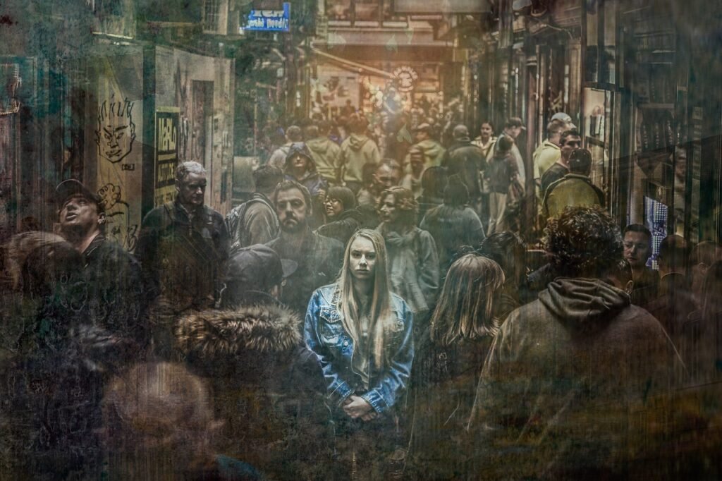 woman, alone, crowd